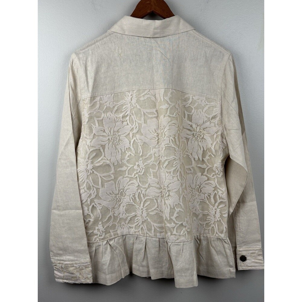 Simply Noelle Jacket Women S/M 8-10 Beige Linen Lace Ruffle Hem Rivet Button - Picture 3 of 13